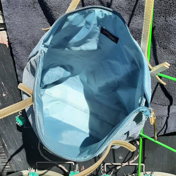 LANCOME  Turquoise/Gold Shoulder Tote Bag LARGE 19"X 16” Adjustable/Lined Logo - Picture 7 of 9